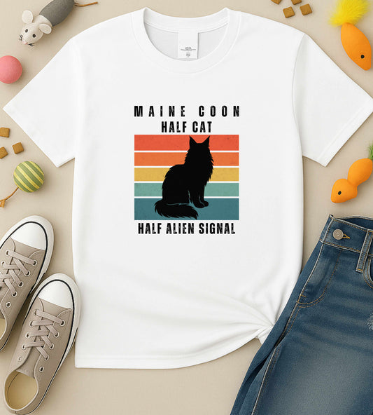Funny Maine Coon Cat Shirt "Half Cat Half Alien Signal" Tee, Comfort Colors, Retro Sci-Fi, Unisex