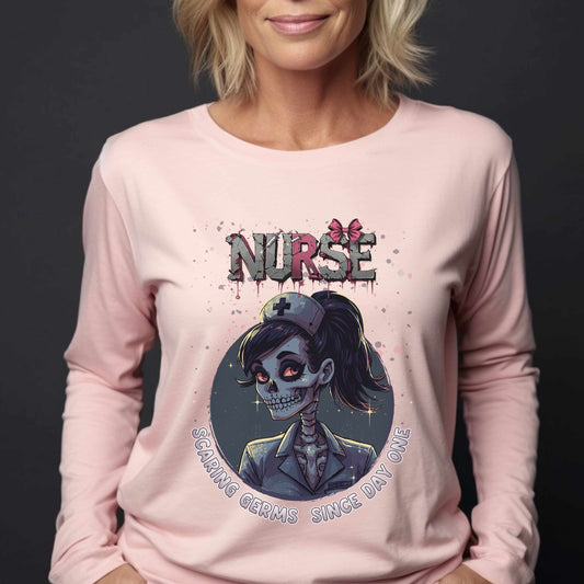 Spooky Nurse Skeleton Halloween T Shirt "Scaring Germs Since Day One"