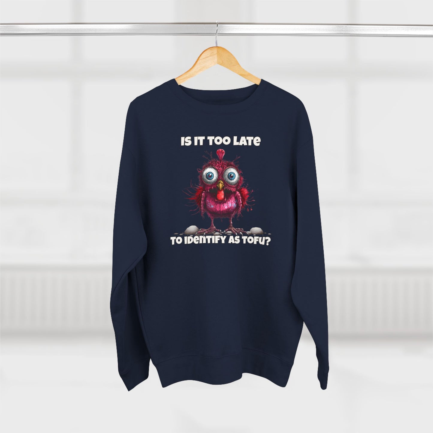 Funny Thanksgiving Turkey “Is It Too Late to Identify as Tofu?” Crewneck Sweatshirt Unisex