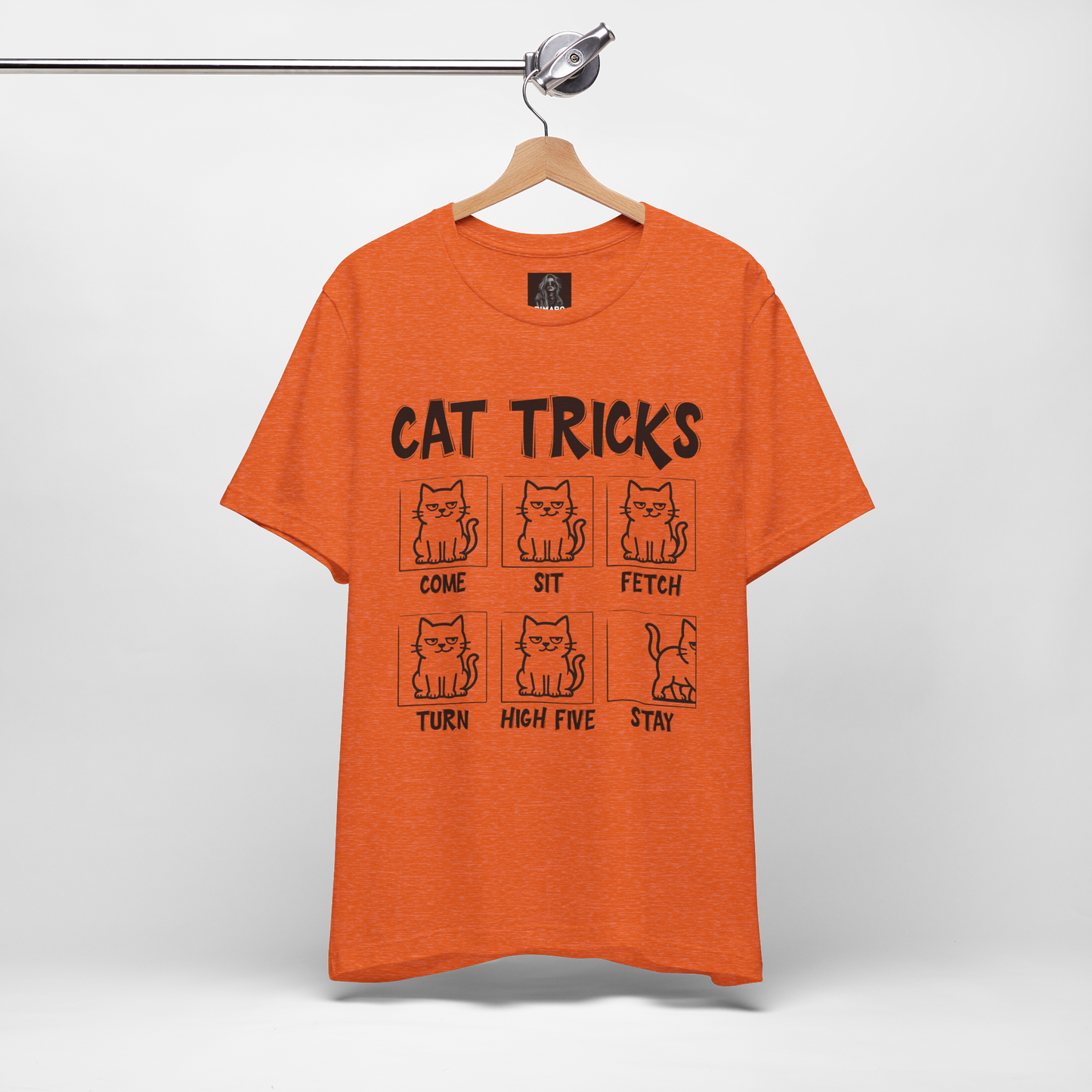 Unisex Funny Cat Tricks Shirt - Lazy Cat Graphic Tee come, sit, fetch, turn, high five, stay