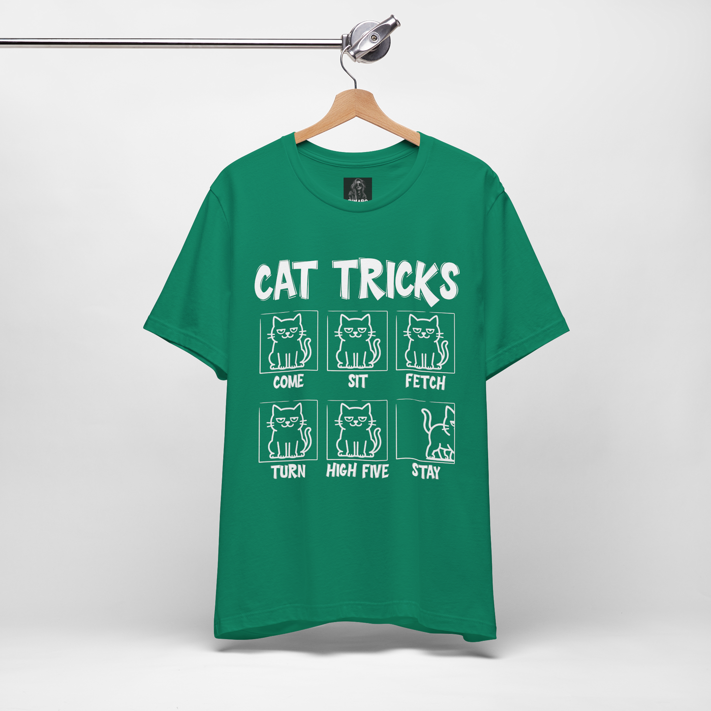 Unisex Funny Cat Tricks Shirt - Lazy Cat Graphic Tee come, sit, fetch, turn, high five, stay