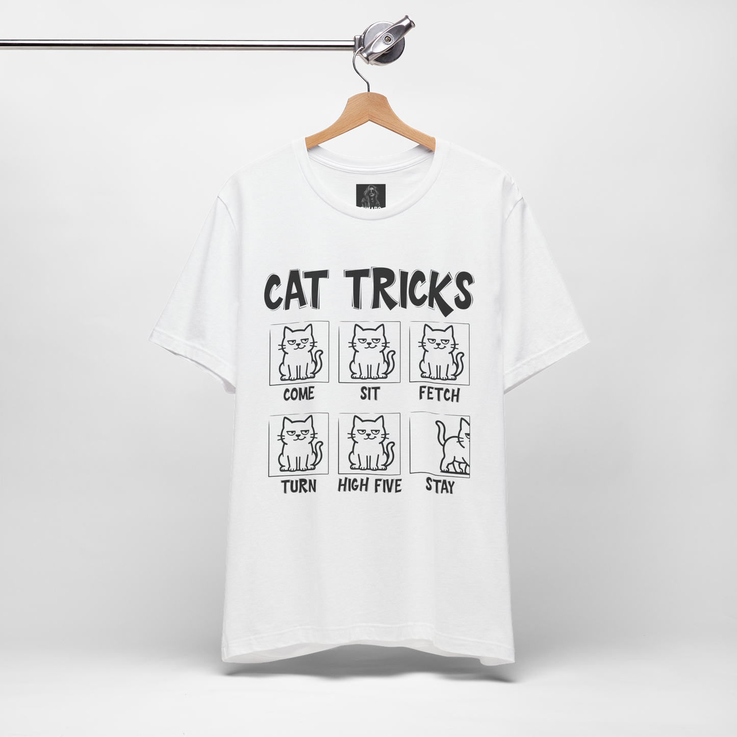 Unisex Funny Cat Tricks Shirt - Lazy Cat Graphic Tee come, sit, fetch, turn, high five, stay