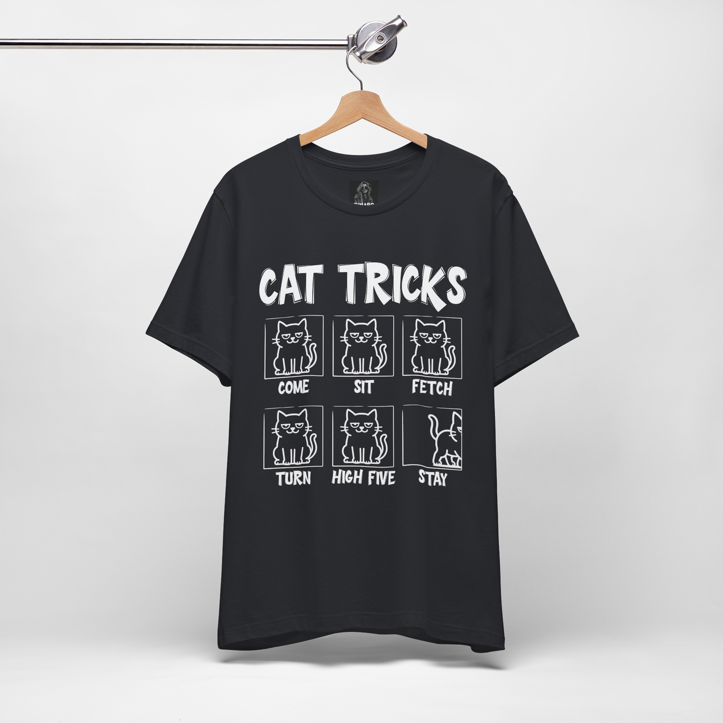 Unisex Funny Cat Tricks Shirt - Lazy Cat Graphic Tee come, sit, fetch, turn, high five, stay
