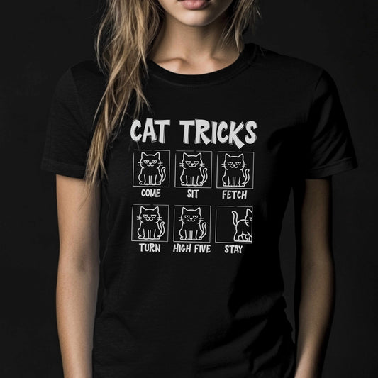 Unisex Funny Cat Tricks Shirt - Lazy Cat Graphic Tee come, sit, fetch, turn, high five, stay