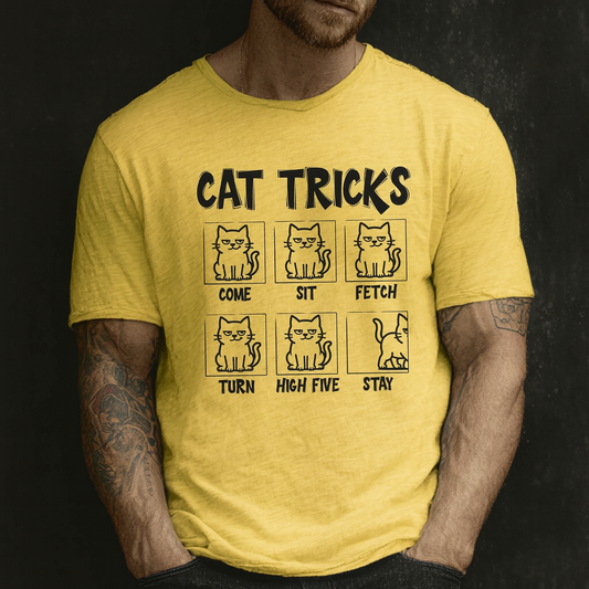 Unisex Funny Cat Tricks Shirt - Lazy Cat Graphic Tee come, sit, fetch, turn, high five, stay
