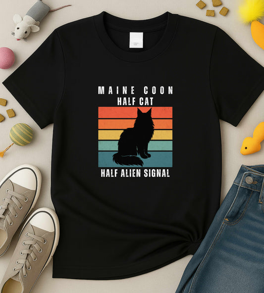 Funny Maine Coon Cat Shirt "Half Cat Half Alien Signal" Tee, Comfort Colors, Retro Sci-Fi, Unisex