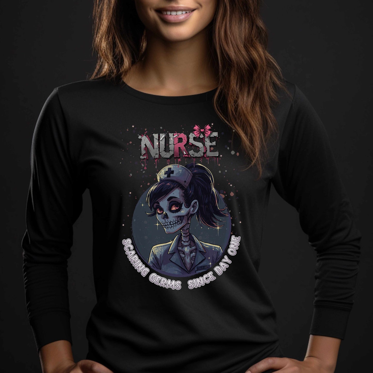 Spooky Nurse Skeleton Halloween T Shirt "Scaring Germs Since Day One"
