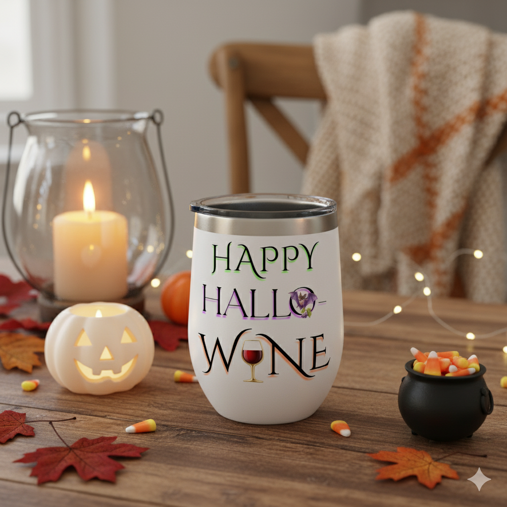 Happy Hallo-Wine Tumbler – Halloween Wine Cup with Lid, Funny Spooky Gift for Wine Lovers, Fall Party Drinkware