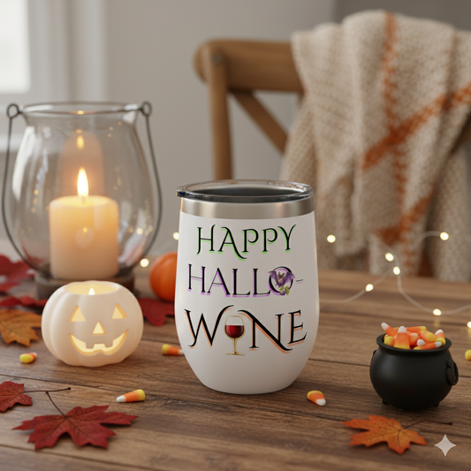 Happy Hallo-Wine Tumbler – Halloween Wine Cup with Lid, Funny Spooky Gift for Wine Lovers, Fall Party Drinkware