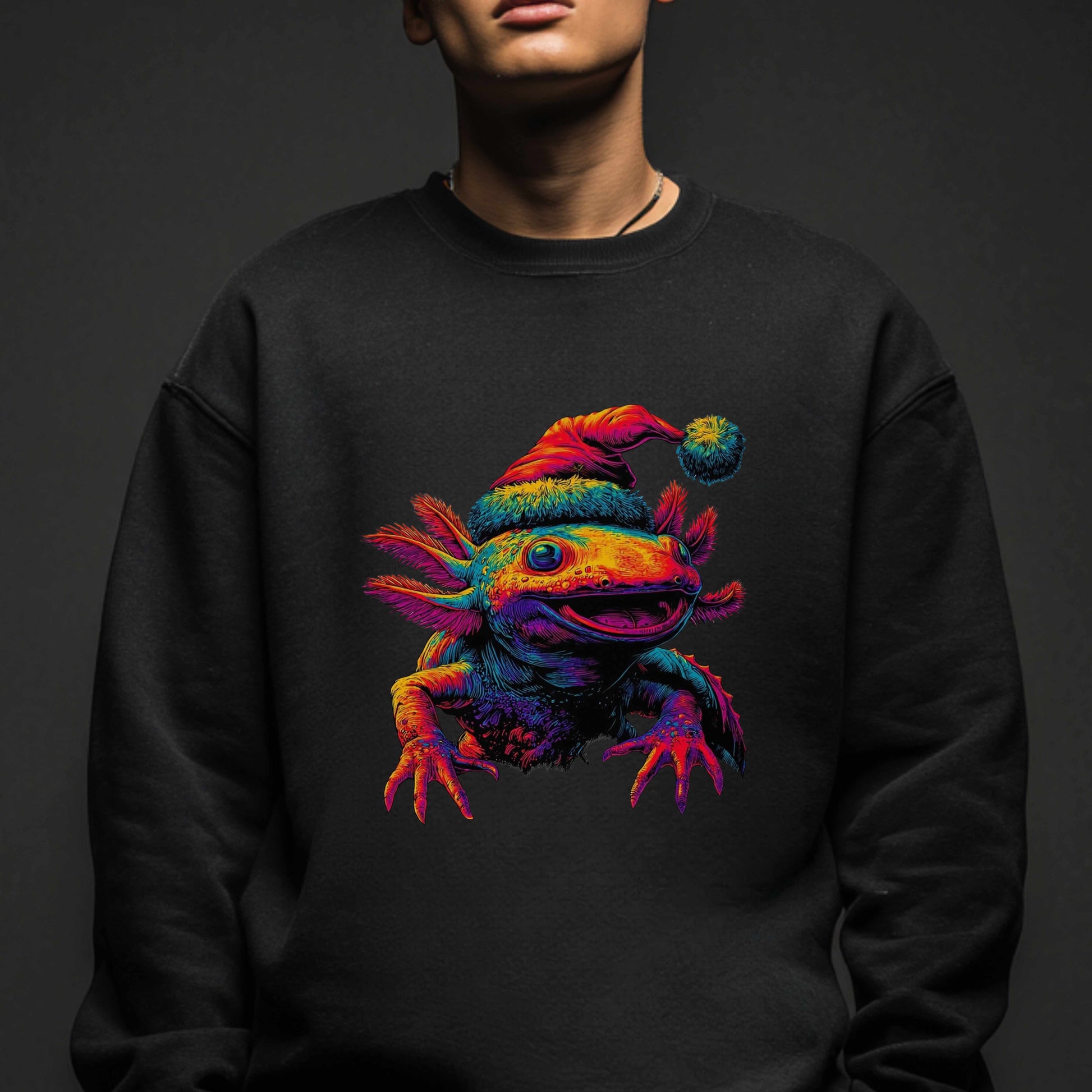 Festive Axolotl Christmas Unisex Crewneck Sweatshirt - Funny Holiday Amphibian Sweatshirt
