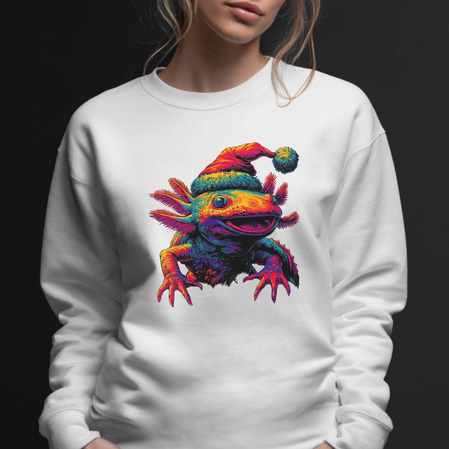 Festive Axolotl Christmas Unisex Crewneck Sweatshirt - Funny Holiday Amphibian Sweatshirt