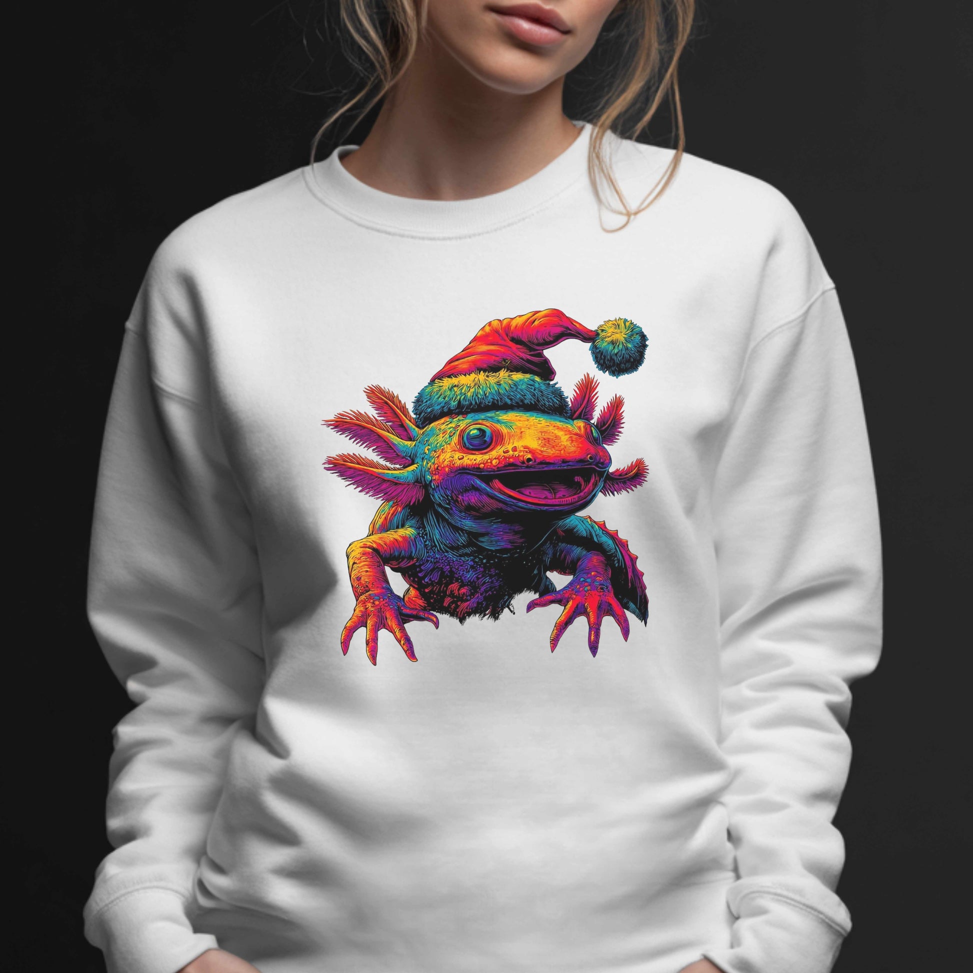 Festive Axolotl Christmas Unisex Crewneck Sweatshirt - Funny Holiday Amphibian Sweatshirt