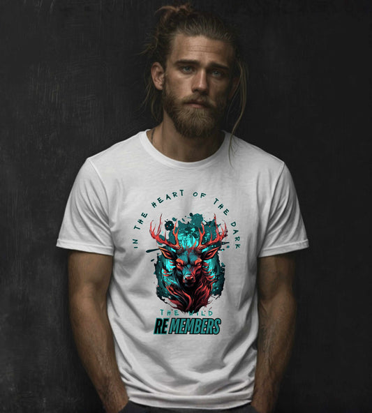 In The Heart Of The Dark - The Wild Remembers - Mystic Stag Spirit Unisex T-Shirt” White
