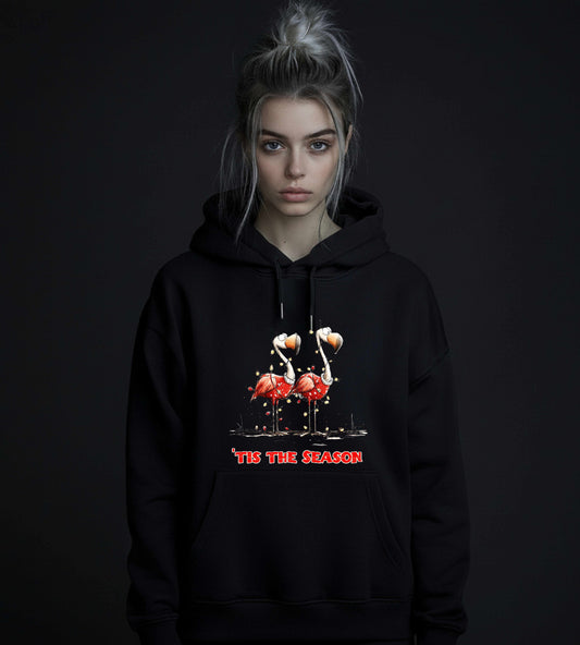 Festive Flamingo 'tis the Season Hoodie – Holiday Lights and Long Legs - Unisex