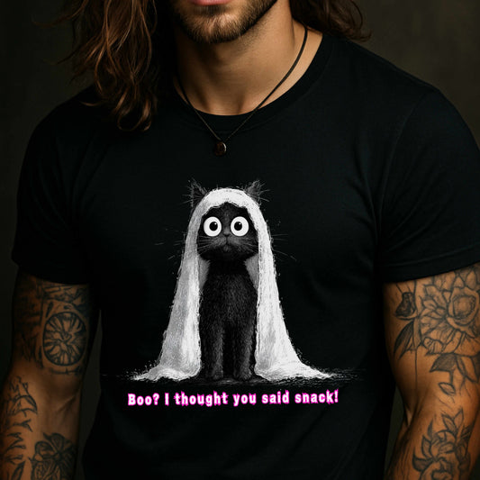 "Boo I Thought You Said Snack" Funny Black Cat Ghost T-Shirt - Unisex