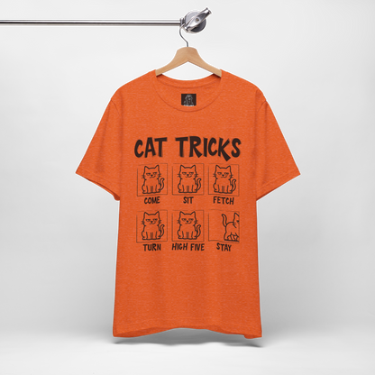 Unisex Funny Cat Tricks Shirt - Lazy Cat Graphic Tee come, sit, fetch, turn, high five, stay
