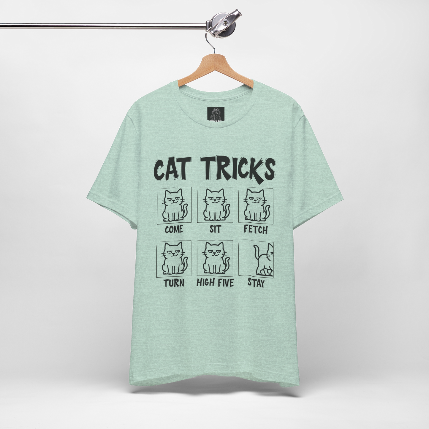 Unisex Funny Cat Tricks Shirt - Lazy Cat Graphic Tee come, sit, fetch, turn, high five, stay