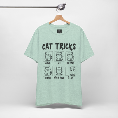Unisex Funny Cat Tricks Shirt - Lazy Cat Graphic Tee come, sit, fetch, turn, high five, stay
