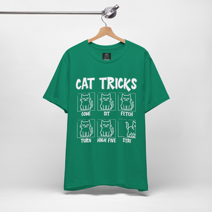 Unisex Funny Cat Tricks Shirt - Lazy Cat Graphic Tee come, sit, fetch, turn, high five, stay