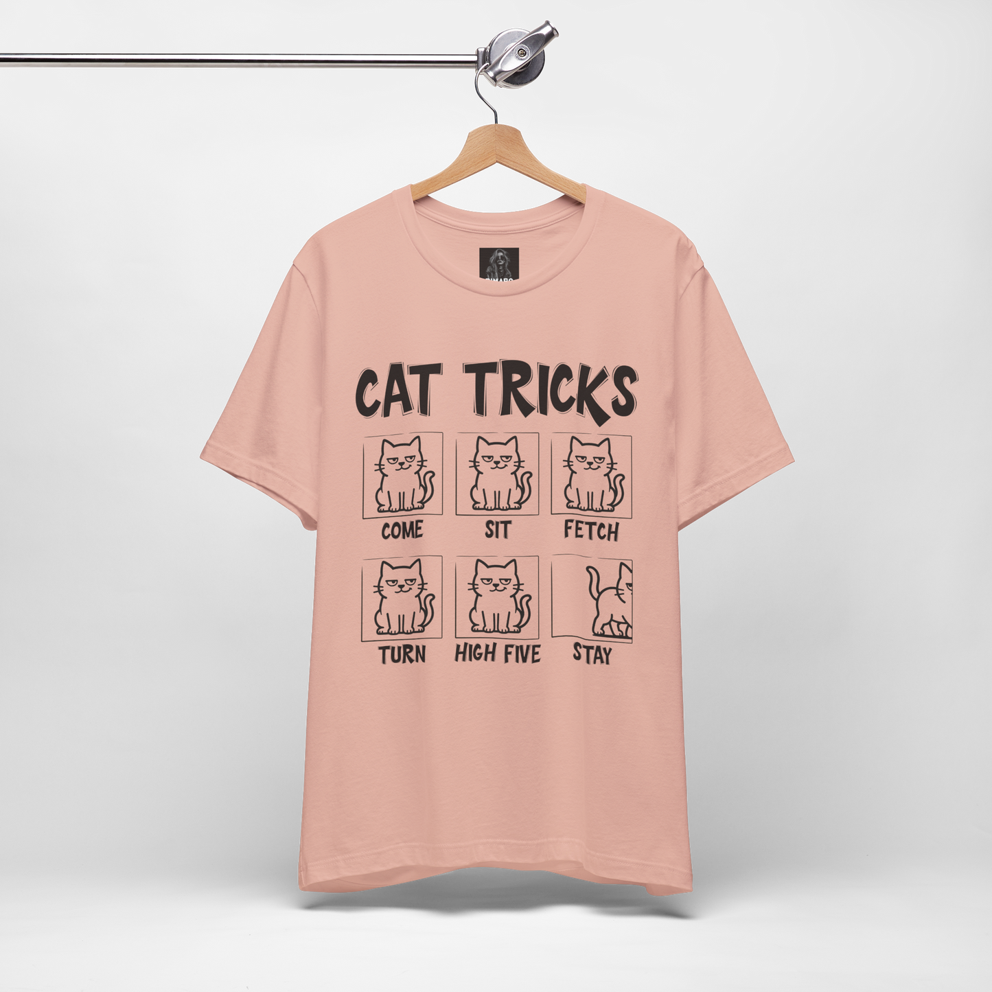 Unisex Funny Cat Tricks Shirt - Lazy Cat Graphic Tee come, sit, fetch, turn, high five, stay