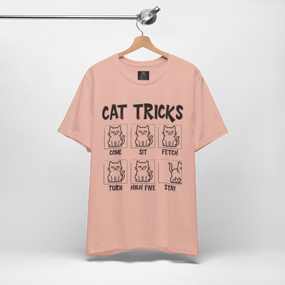Unisex Funny Cat Tricks Shirt - Lazy Cat Graphic Tee come, sit, fetch, turn, high five, stay