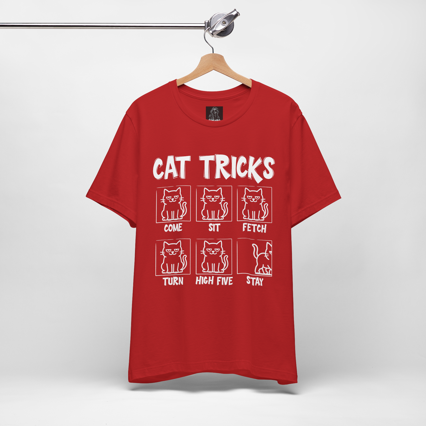 Unisex Funny Cat Tricks Shirt - Lazy Cat Graphic Tee come, sit, fetch, turn, high five, stay