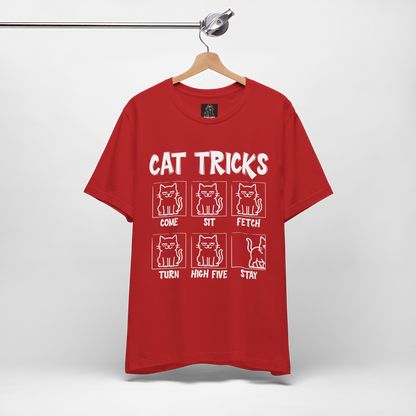 Unisex Funny Cat Tricks Shirt - Lazy Cat Graphic Tee come, sit, fetch, turn, high five, stay