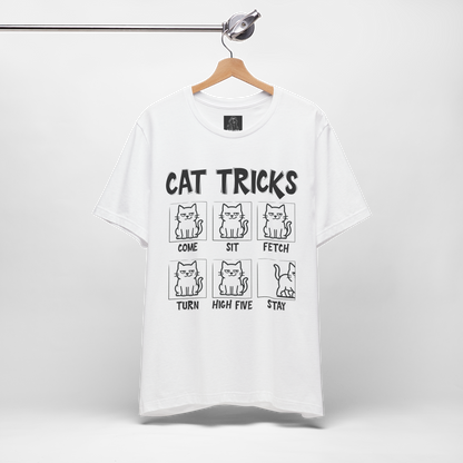 Unisex Funny Cat Tricks Shirt - Lazy Cat Graphic Tee come, sit, fetch, turn, high five, stay
