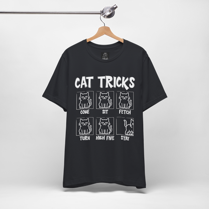 Unisex Funny Cat Tricks Shirt - Lazy Cat Graphic Tee come, sit, fetch, turn, high five, stay