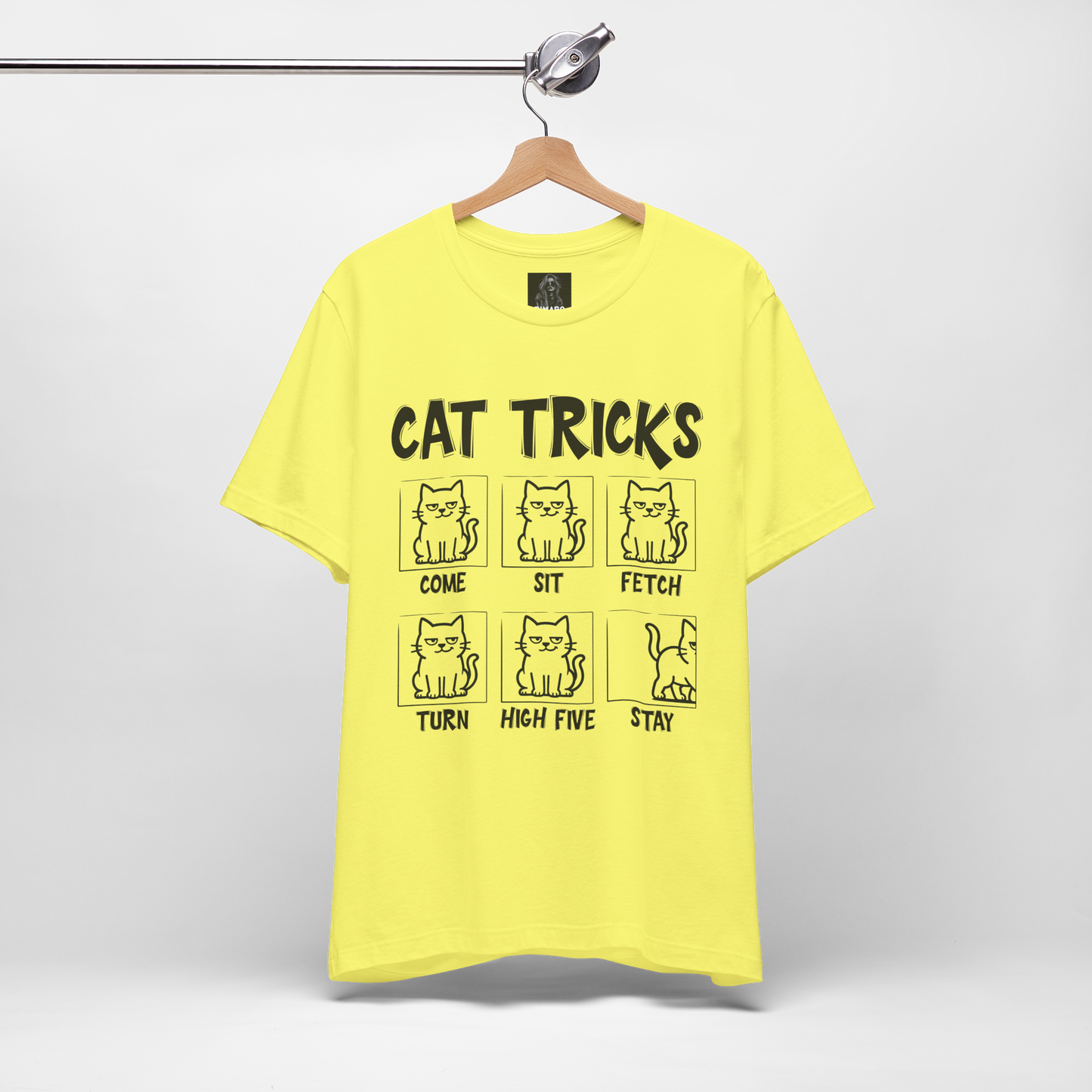 Unisex Funny Cat Tricks Shirt - Lazy Cat Graphic Tee come, sit, fetch, turn, high five, stay